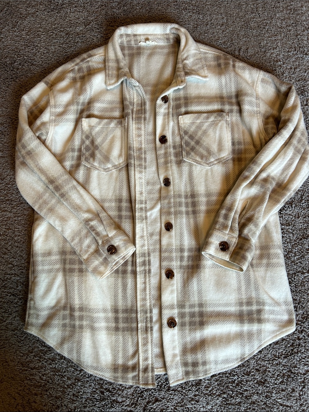 Maurices Cream and Tan Plaid Button-Up Shacket
